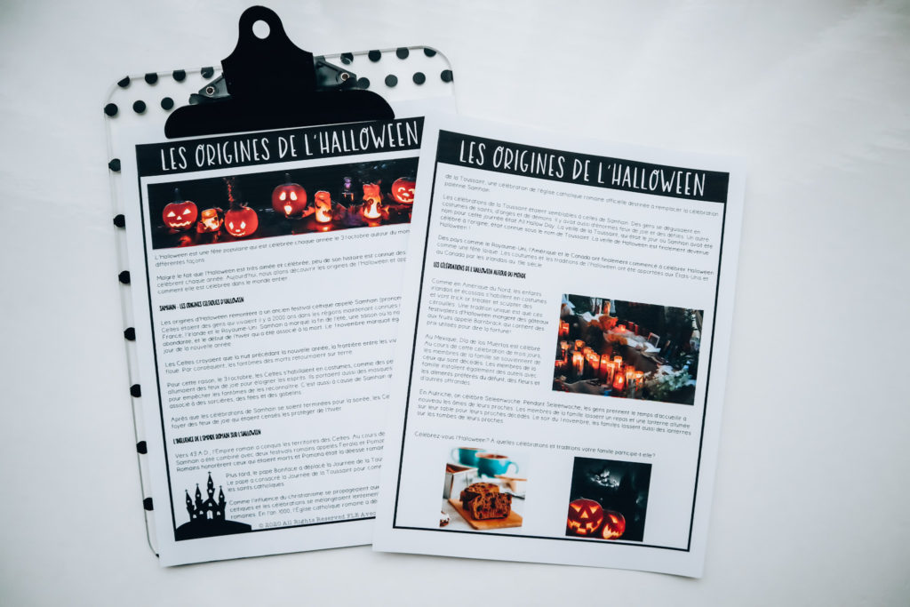 A French Halloween reading comprehension article on Les origines de l'Halloween
