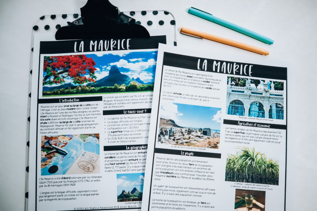 Photo of a French reading comprehension article called "l'île Maurice".