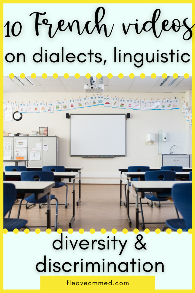 Text reads : 10 French videos on French dialects, linguistic diversity and discrimination. The photo in the pin is of a classroom. We see tables and chairs in rows facing a Smartboard at the front of a classroom.