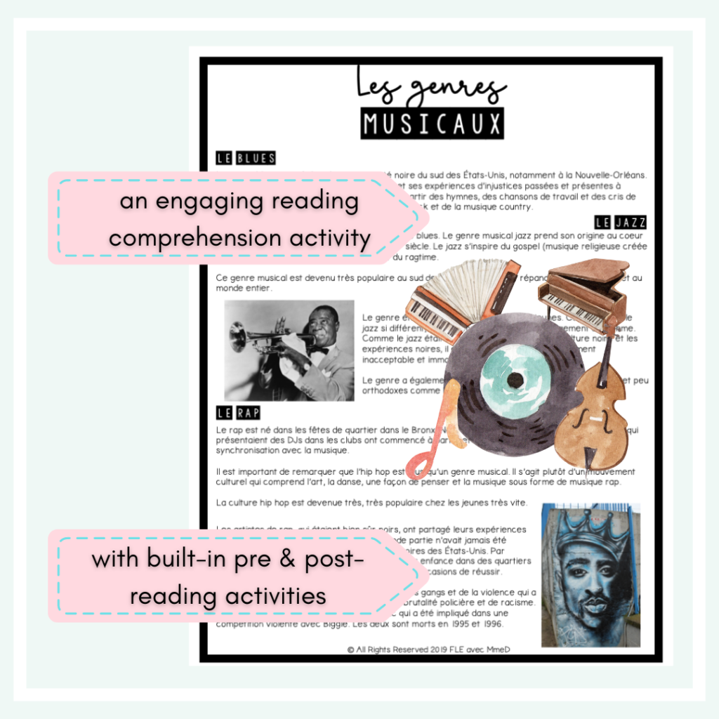 Read all about the origins of major music genres with this French reading comprehension activity as part of the French music unit