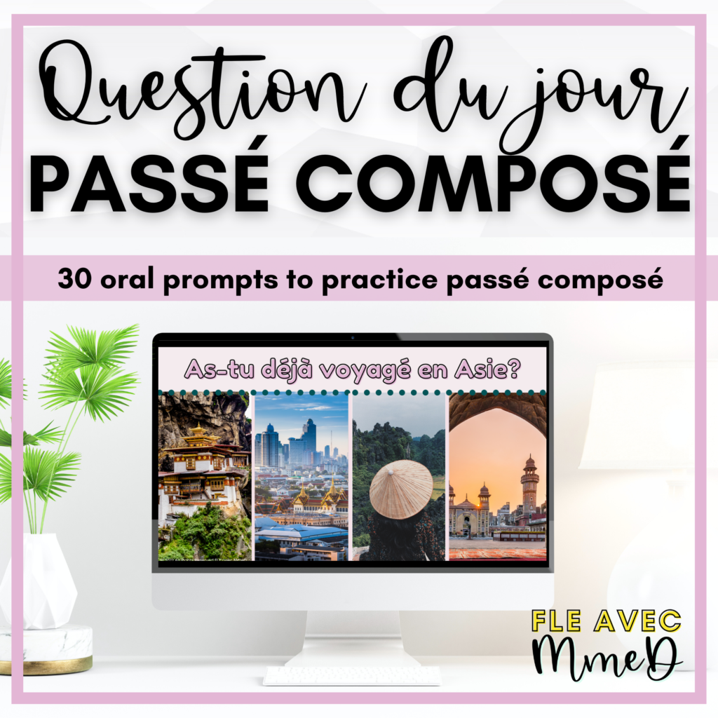 Photo of a thumbnail with a slide showing a question du jour prompts using passé composé. 