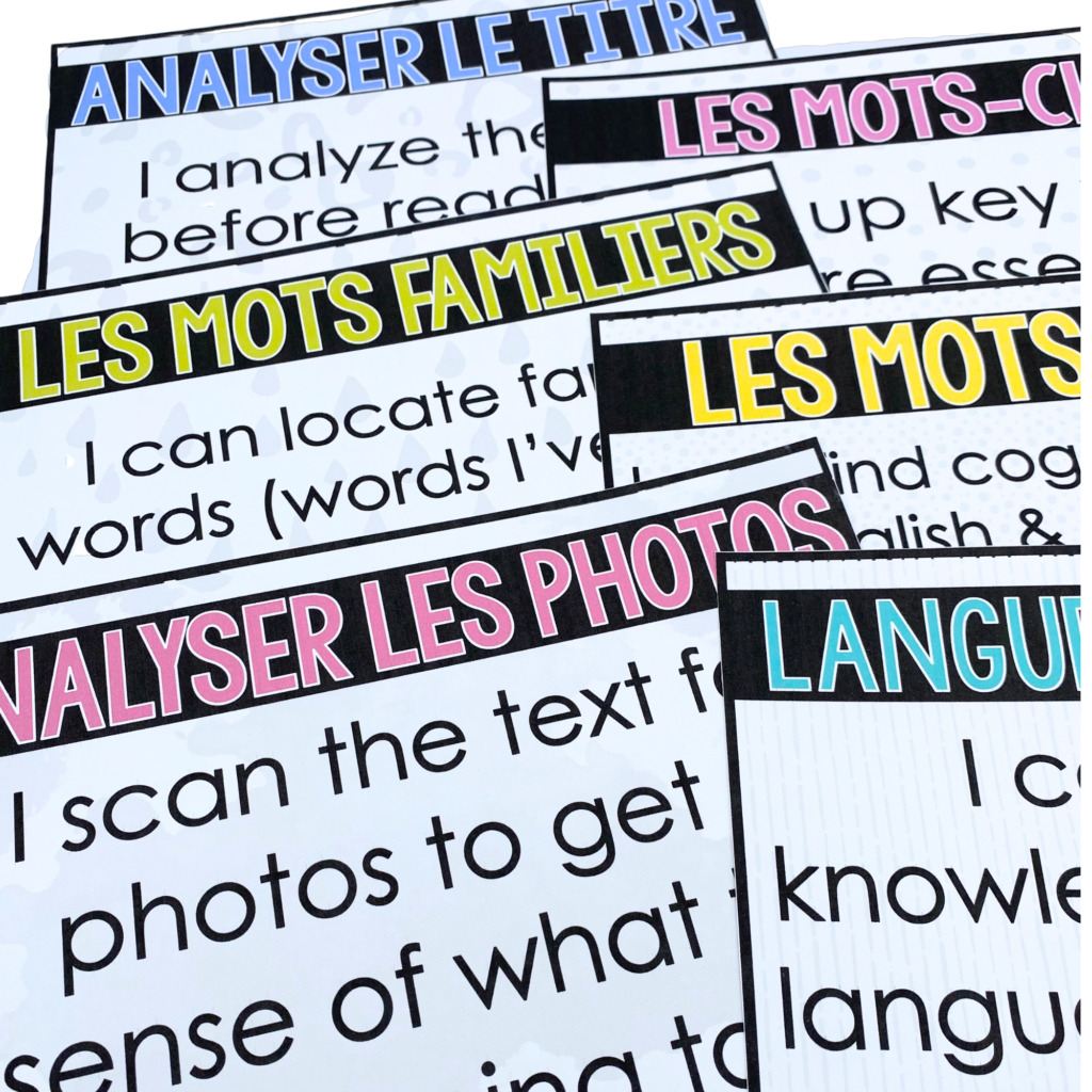 Photo of a French poster set with important French reading comprehension strategies for novice French students
