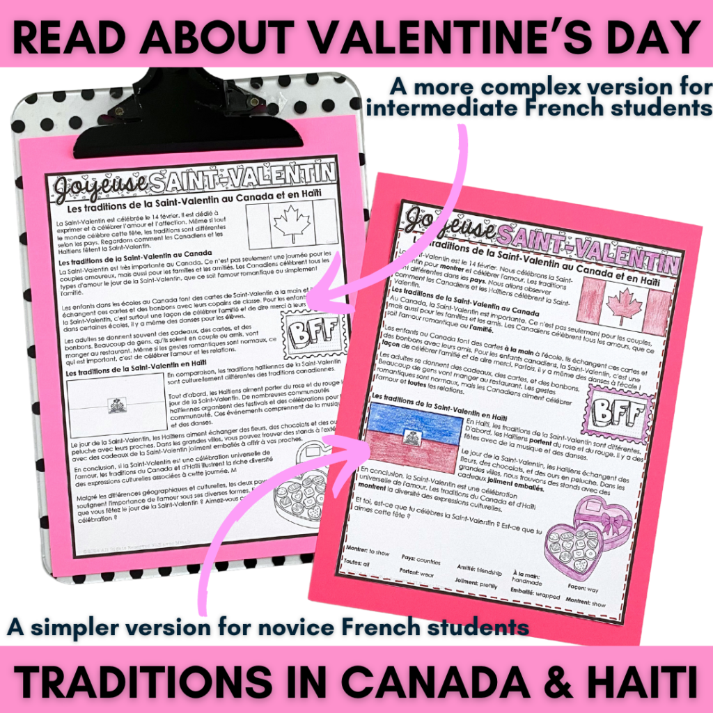An engaging French Valentine's Day reading comprehension text on Valentine's traditions in Canada and Haiti